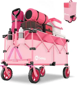 Sekey 330lbs Collapsible Foldable Wagon with Weight Capacity, Heavy Duty Folding Wagon Cart with Big All-Terrain Wheels & Drink Holders. Barbie Pink