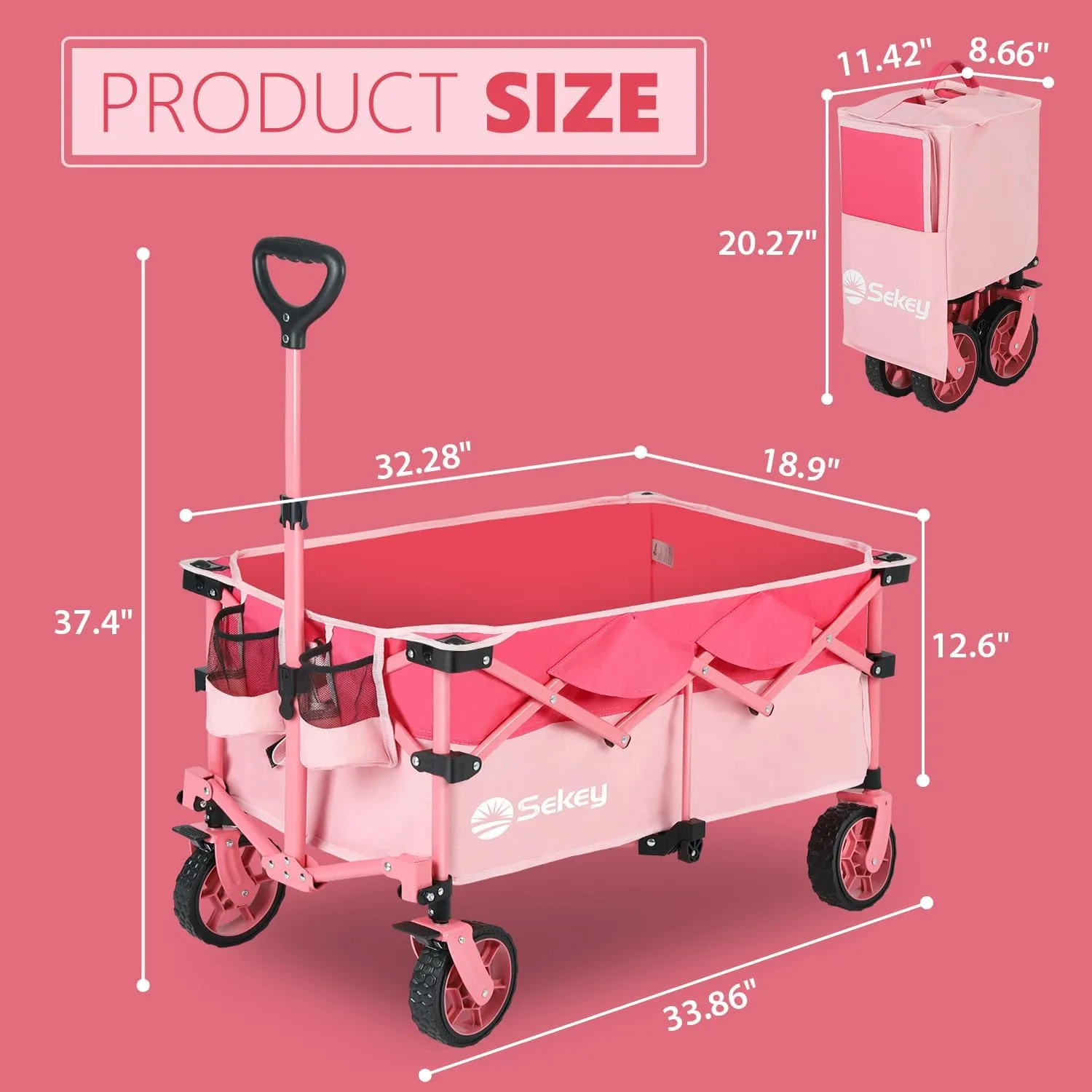 Sekey 330lbs Collapsible Foldable Wagon with Weight Capacity, Heavy Duty Folding Wagon Cart with Big All-Terrain Wheels & Drink Holders. Barbie Pink