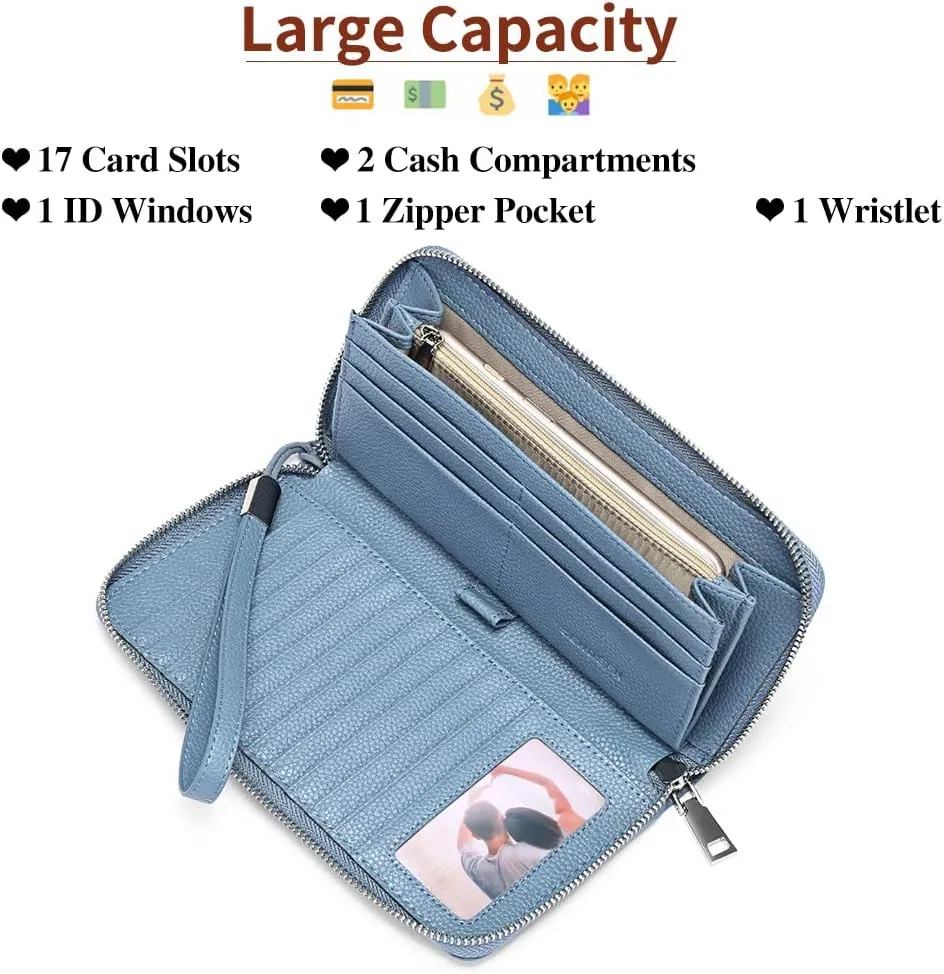 SENDEFN Leather Women's Wallets RFID Blocking Zip Around Large Capacity Long Credit Card Holder Wallet