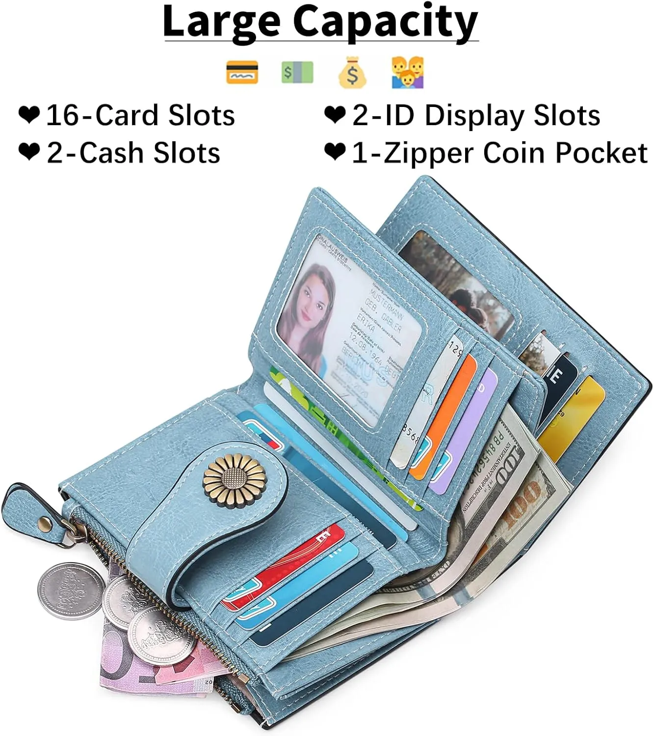 SENDEFN Small Womens Wallet Leather Bifold Card Holder RFID Blocking with Zipper Coin Pocket