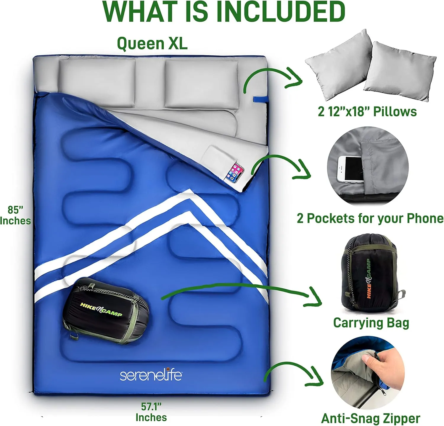 SereneLife Double Sleeping Bag with Pillows, Waterproof & Detachable for 2 Single Bags, Lightweight & Warm, Perfect for Camping, Hiking, Backpacking, and Cold Weather, Suitable for Temperatures 5-10°F