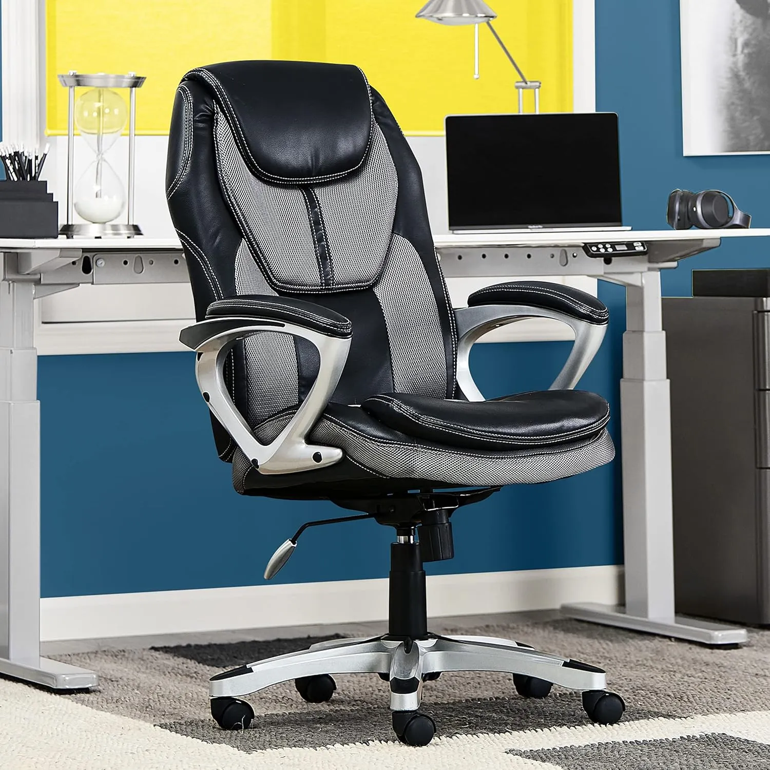 Serta Amplify Executive Office Chair with Padded Arms, Adjustable Ergonomic Gaming Desk Chair with Lumbar Support, Faux Leather and Mesh, Gray