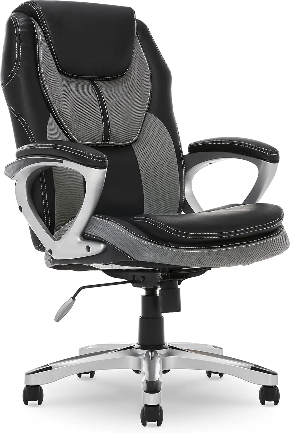 Serta Amplify Executive Office Chair with Padded Arms, Adjustable Ergonomic Gaming Desk Chair with Lumbar Support, Faux Leather and Mesh, Gray