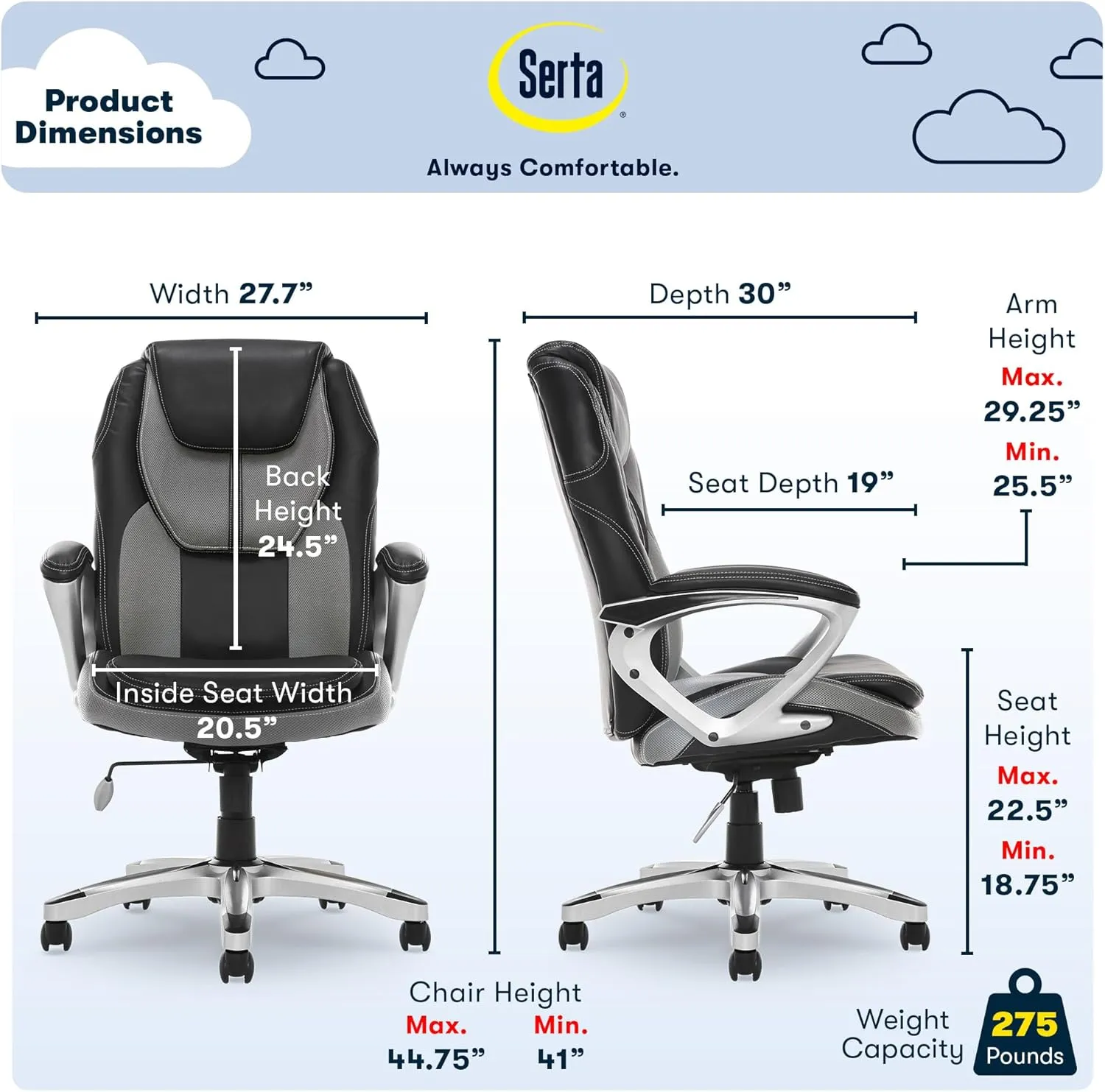 Serta Amplify Executive Office Chair with Padded Arms, Adjustable Ergonomic Gaming Desk Chair with Lumbar Support, Faux Leather and Mesh, Gray