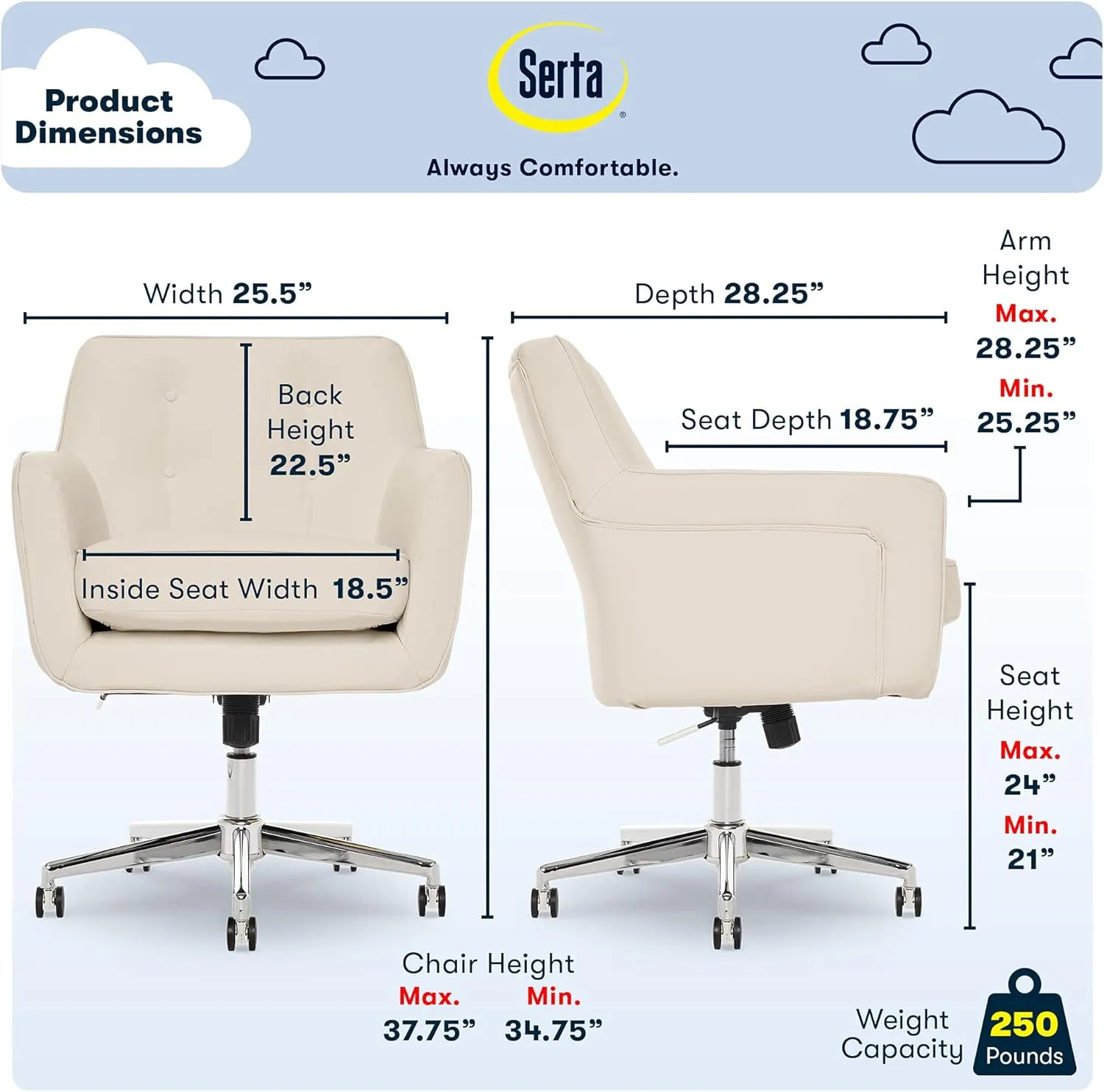 Serta Style Ashland Home Office Chair, Sweet Cream Bonded Leather