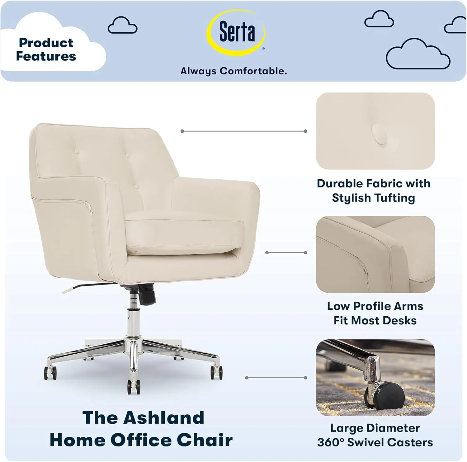 Serta Style Ashland Home Office Chair, Sweet Cream Bonded Leather