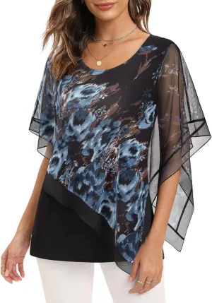 SeSe Code Women's Elegant Mesh Blouses Flowy Poncho Tops Dressy Casual Shirts
