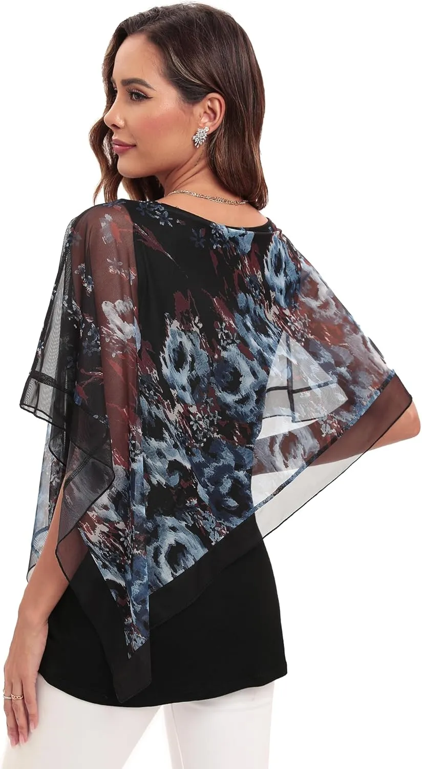 SeSe Code Women's Elegant Mesh Blouses Flowy Poncho Tops Dressy Casual Shirts