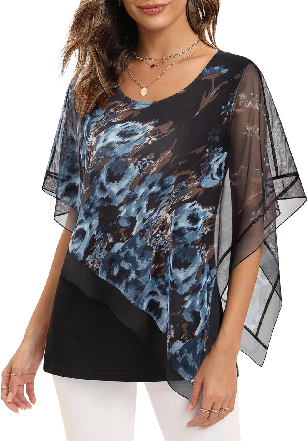 SeSe Code Women's Elegant Mesh Blouses Flowy Poncho Tops Dressy Casual Shirts