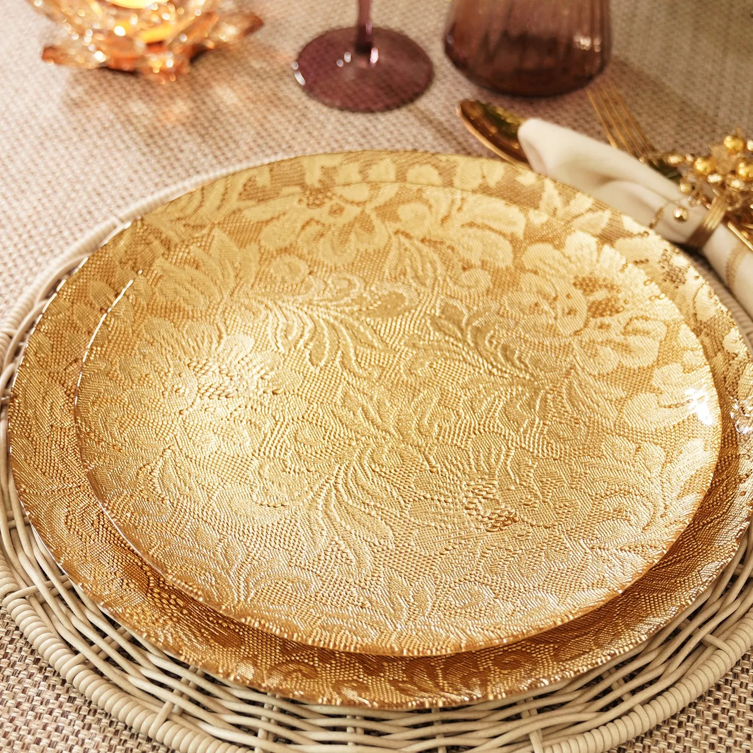 Set of 2 Gold Floral Textured Dinner Plates