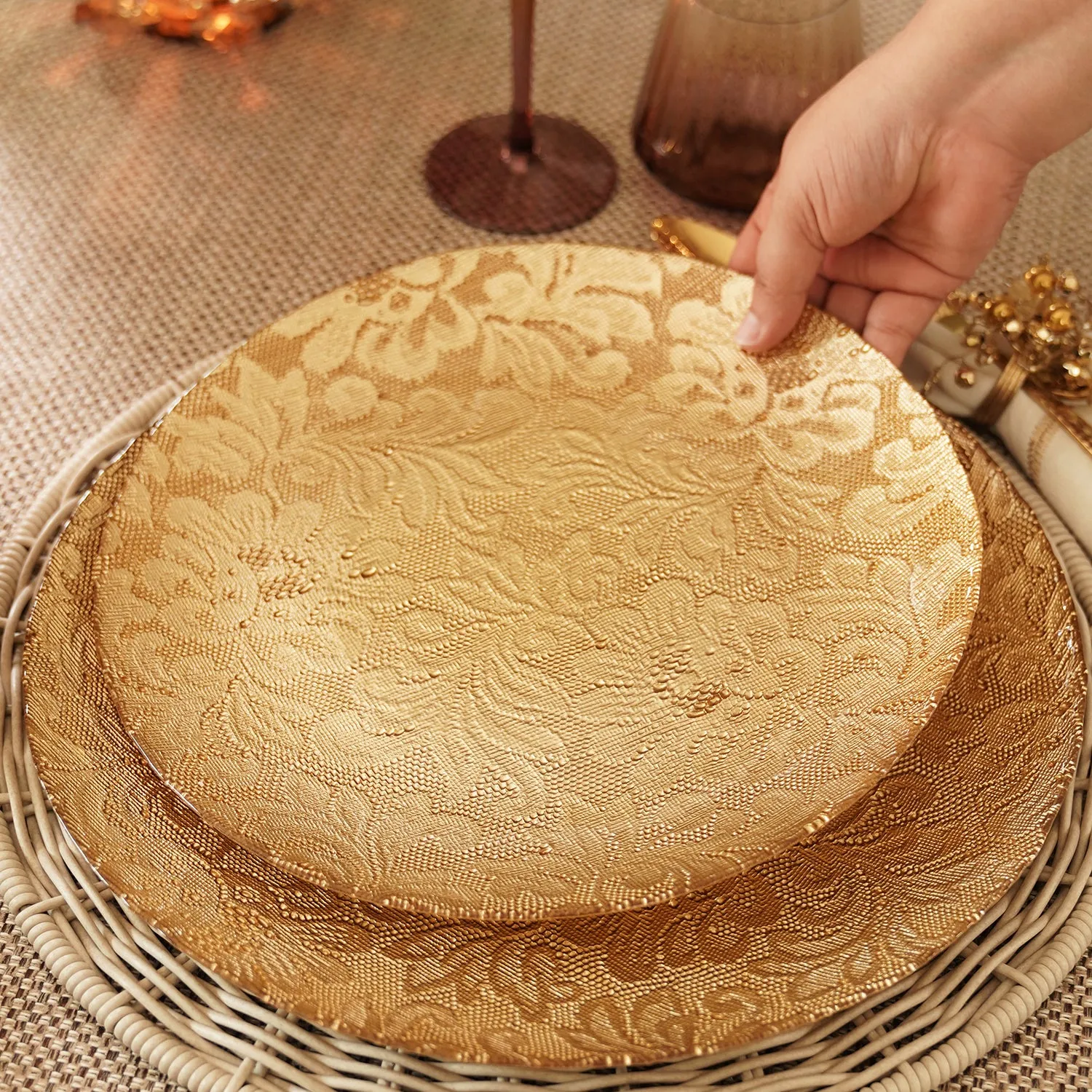 Set of 2 Gold Floral Textured Dinner Plates