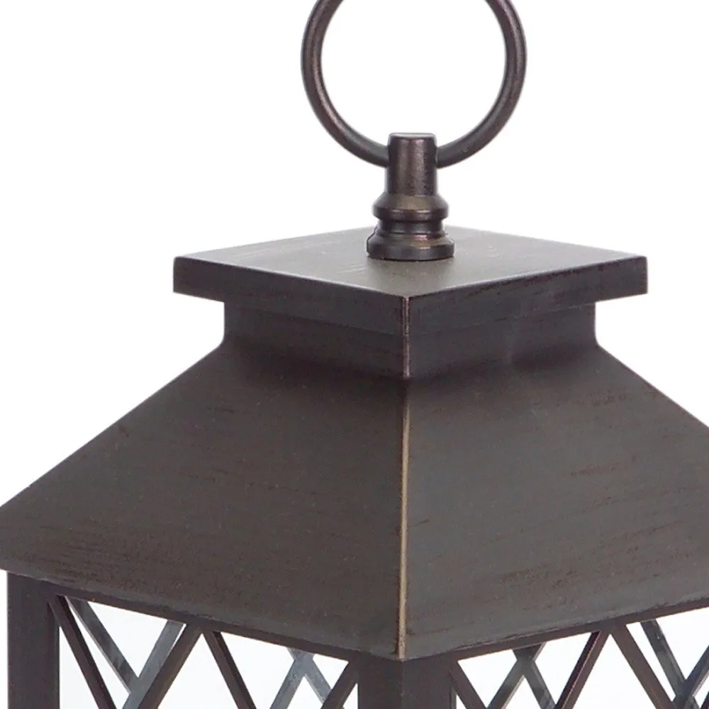 Set of Three Dark Brown Glass and Plastic Ornate Floor Lantern Candle Holders With Candles