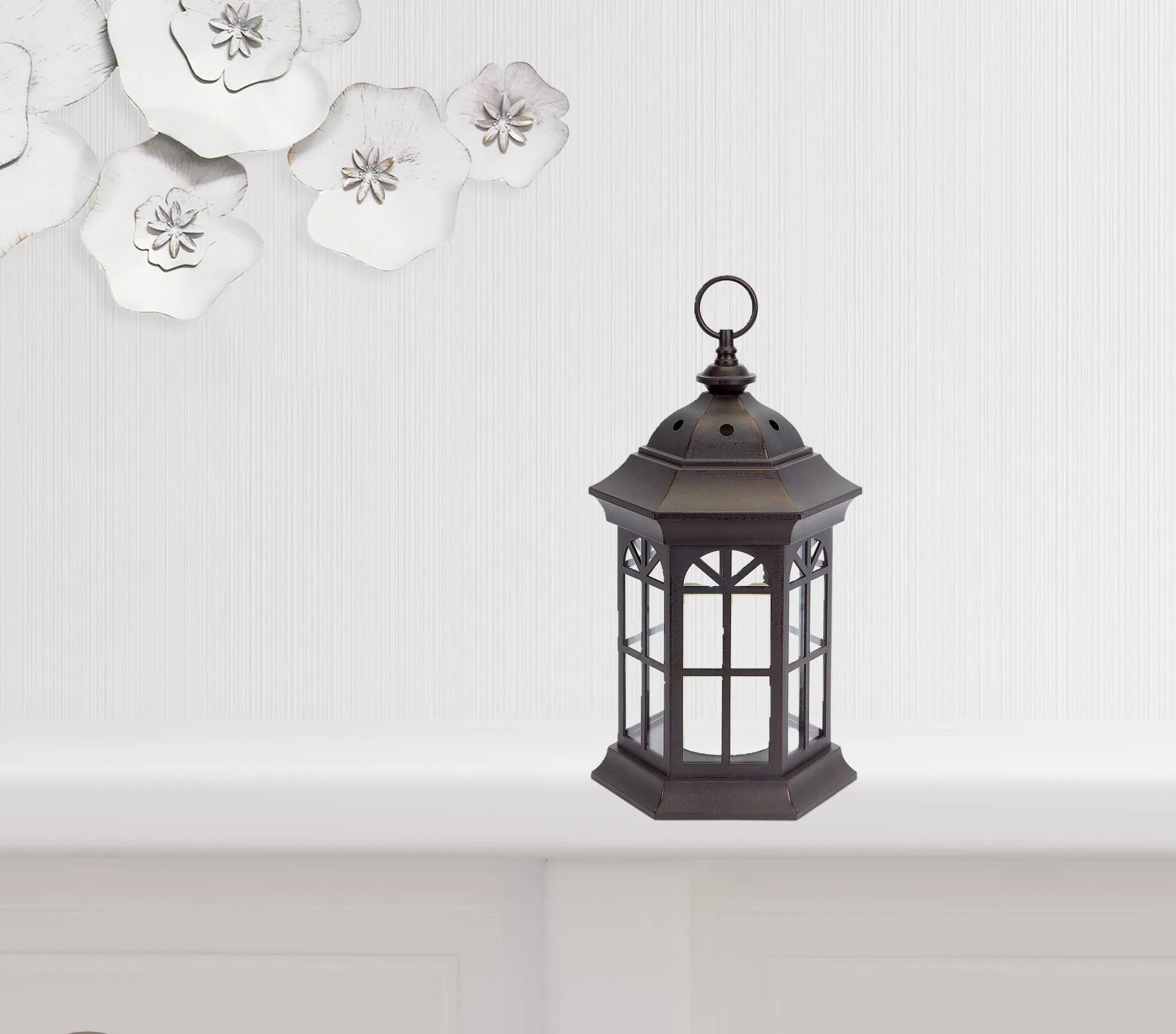 Set of Three Dark Brown Glass and Plastic Ornate Floor Lantern Candle Holders With Candles