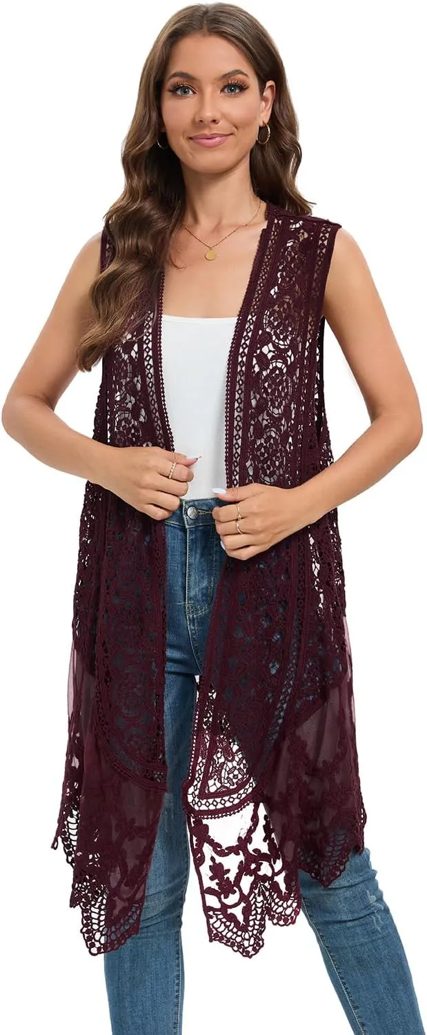 Sheer Cardigan Crochet Sleeveless Cover Up Mesh Patchwork Hippie Vest
