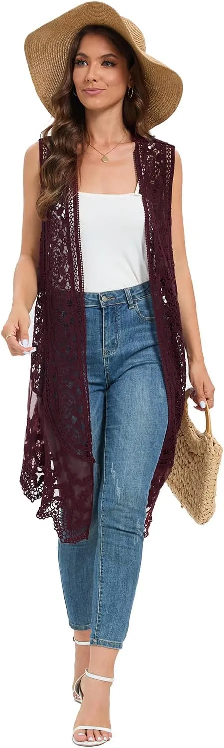 Sheer Cardigan Crochet Sleeveless Cover Up Mesh Patchwork Hippie Vest