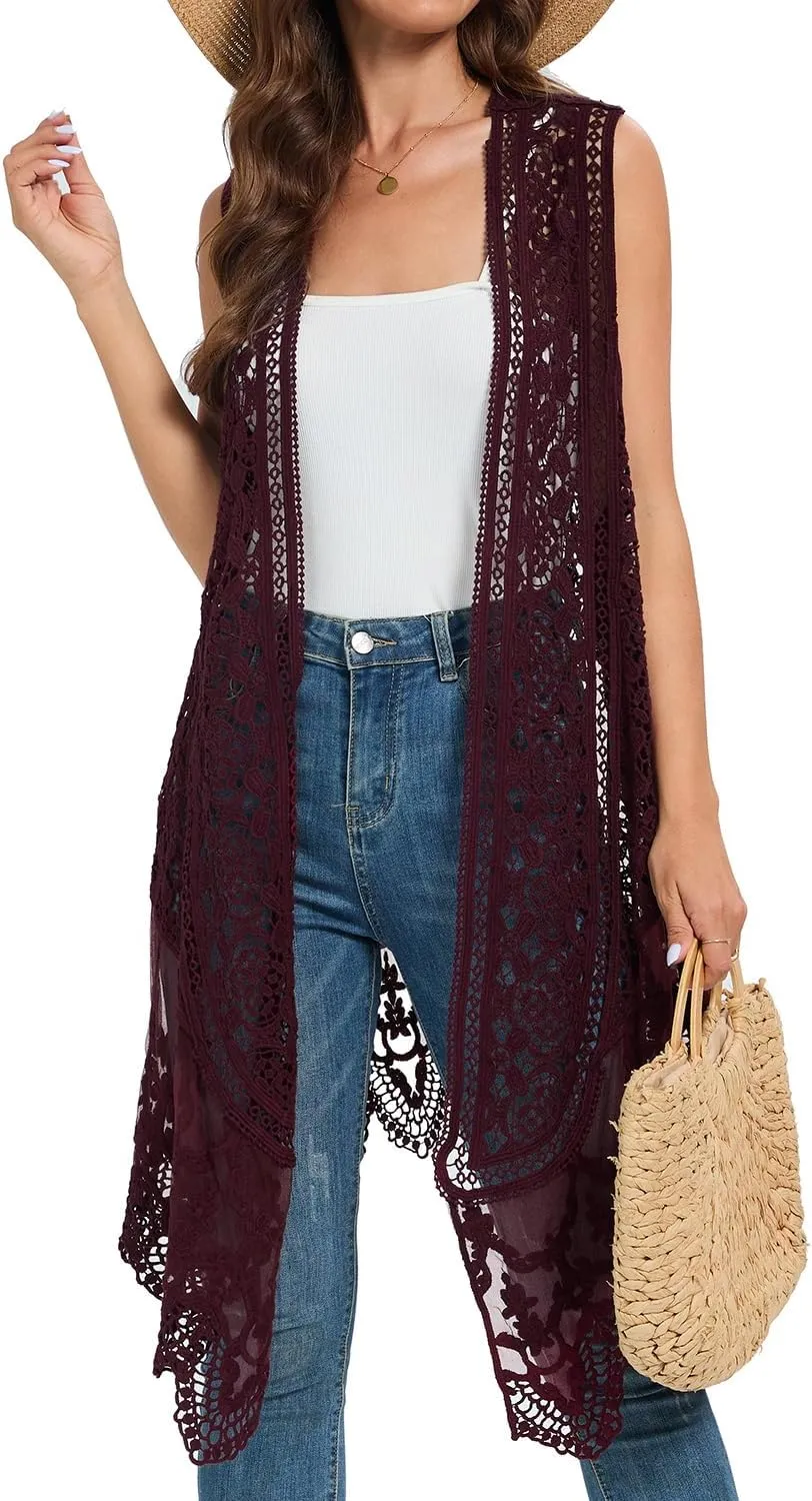 Sheer Cardigan Crochet Sleeveless Cover Up Mesh Patchwork Hippie Vest