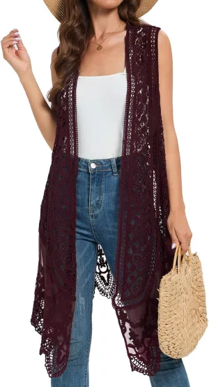 Sheer Cardigan Crochet Sleeveless Cover Up Mesh Patchwork Hippie Vest