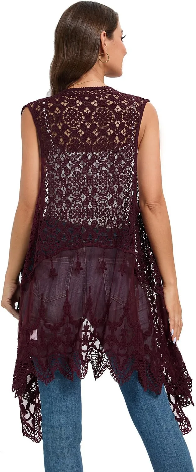 Sheer Cardigan Crochet Sleeveless Cover Up Mesh Patchwork Hippie Vest