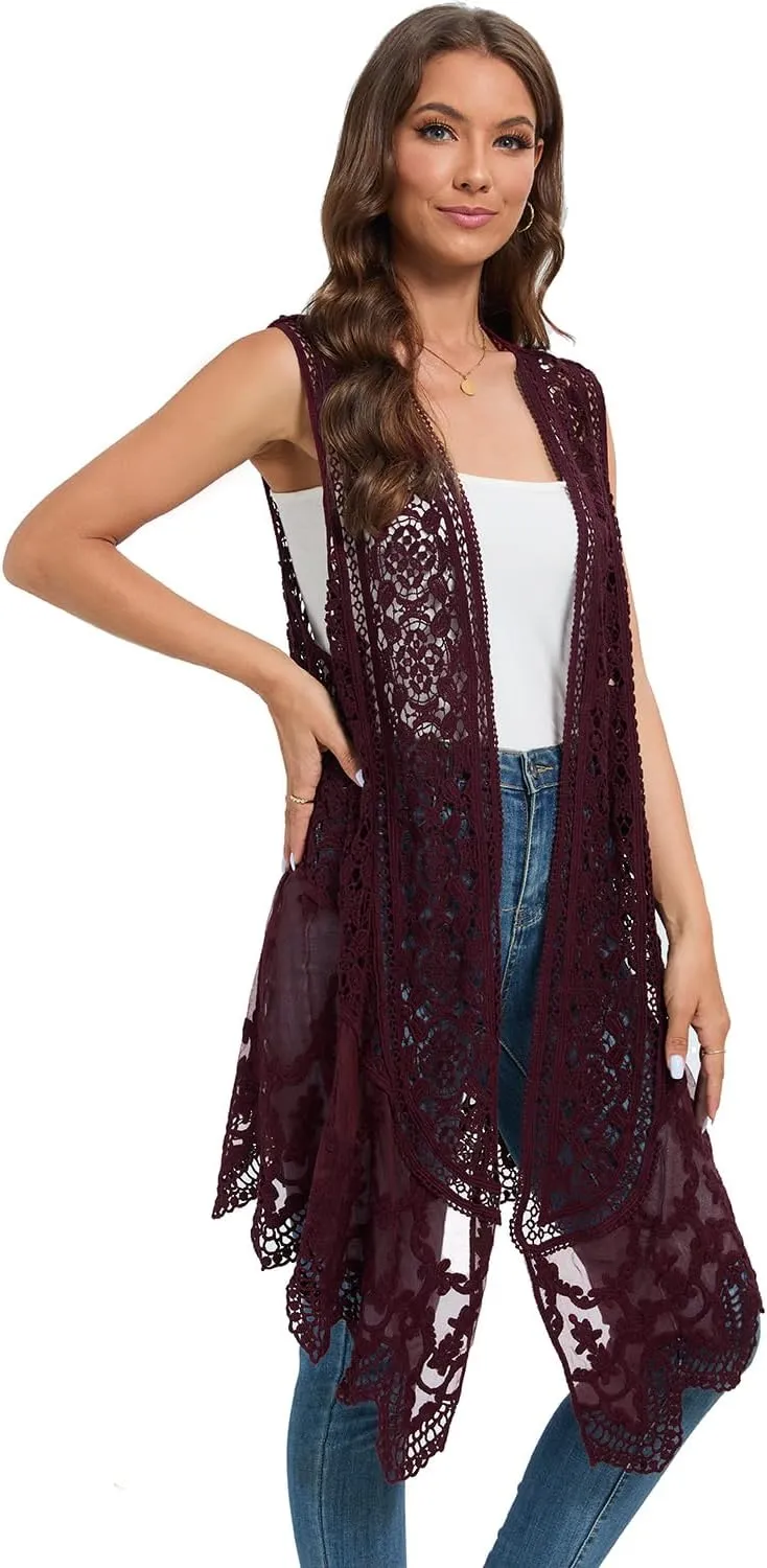 Sheer Cardigan Crochet Sleeveless Cover Up Mesh Patchwork Hippie Vest