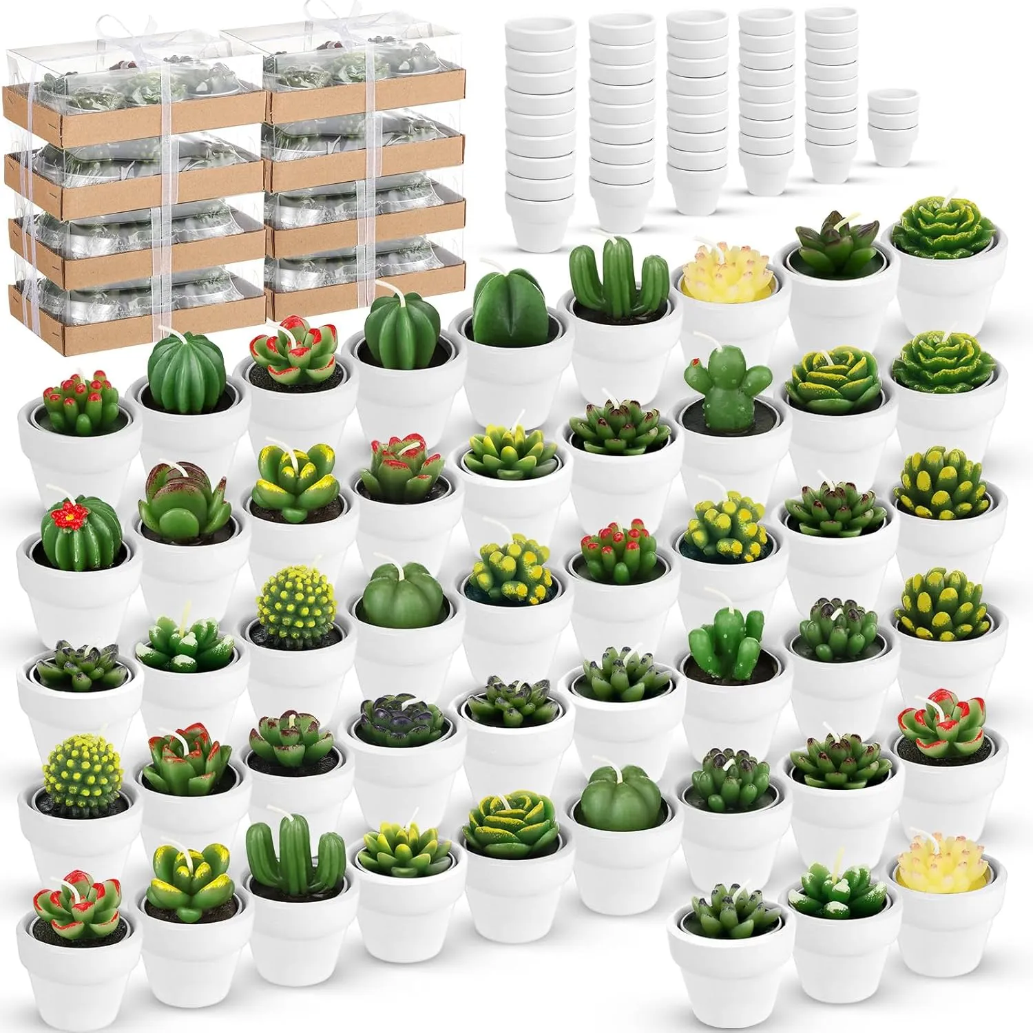 Shihanee 48 Pcs Succulent Cactus Decorative Tealight Baby Shower Plant Candles Bridal Shower Novelty Handmade Tealight Terrarium Plant Candles for Fiesta Birthday Wedding Party(White)