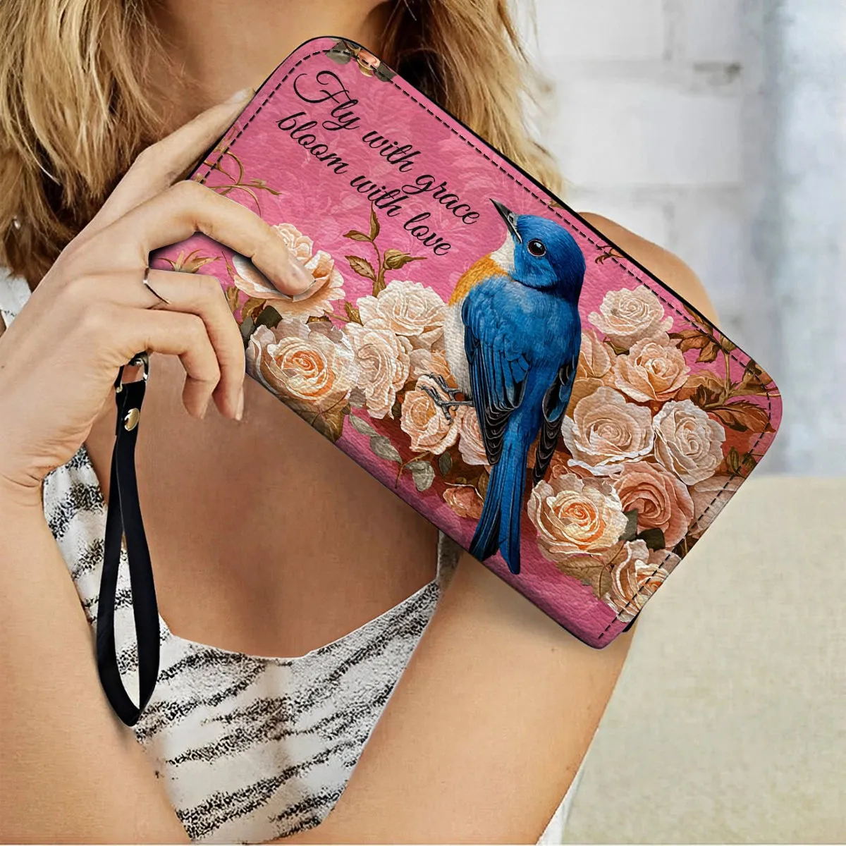 Shineful Leather Clutch Purse With Wristlet Strap Handle Bluebird Elegance