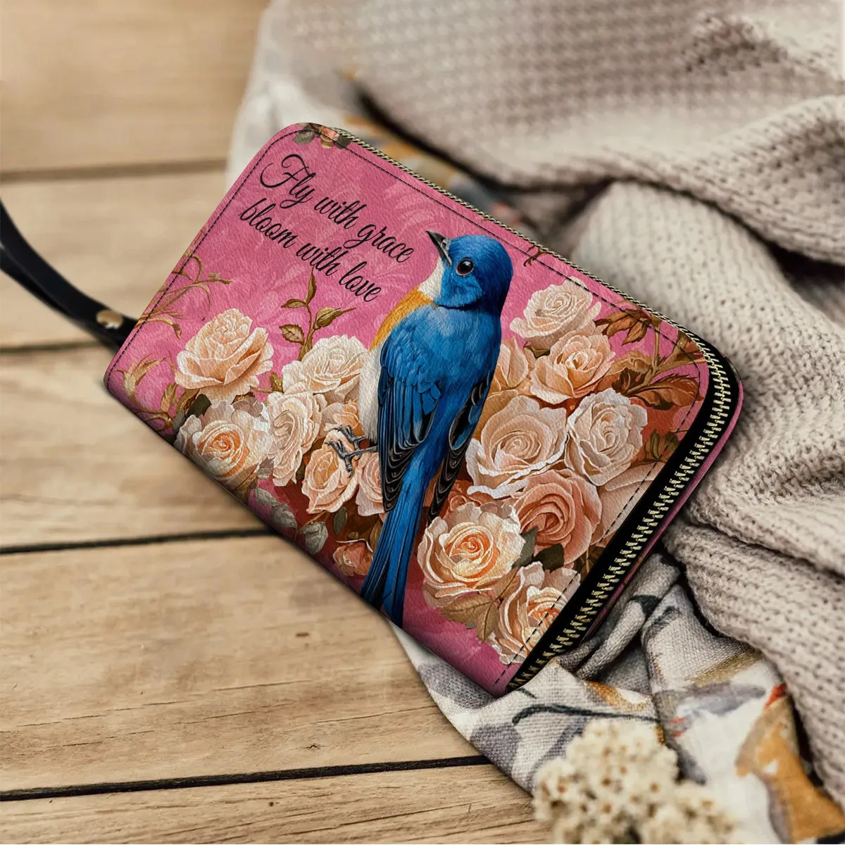 Shineful Leather Clutch Purse With Wristlet Strap Handle Bluebird Elegance