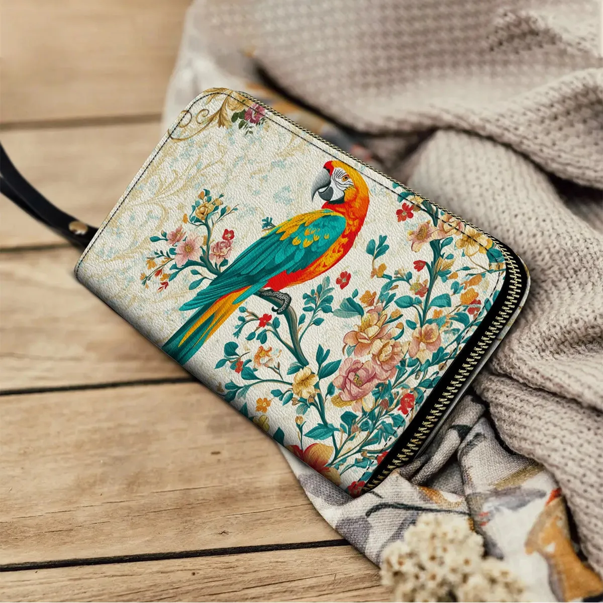 Shineful Leather Clutch Purse With Wristlet Strap Handle Macaw Enchantment