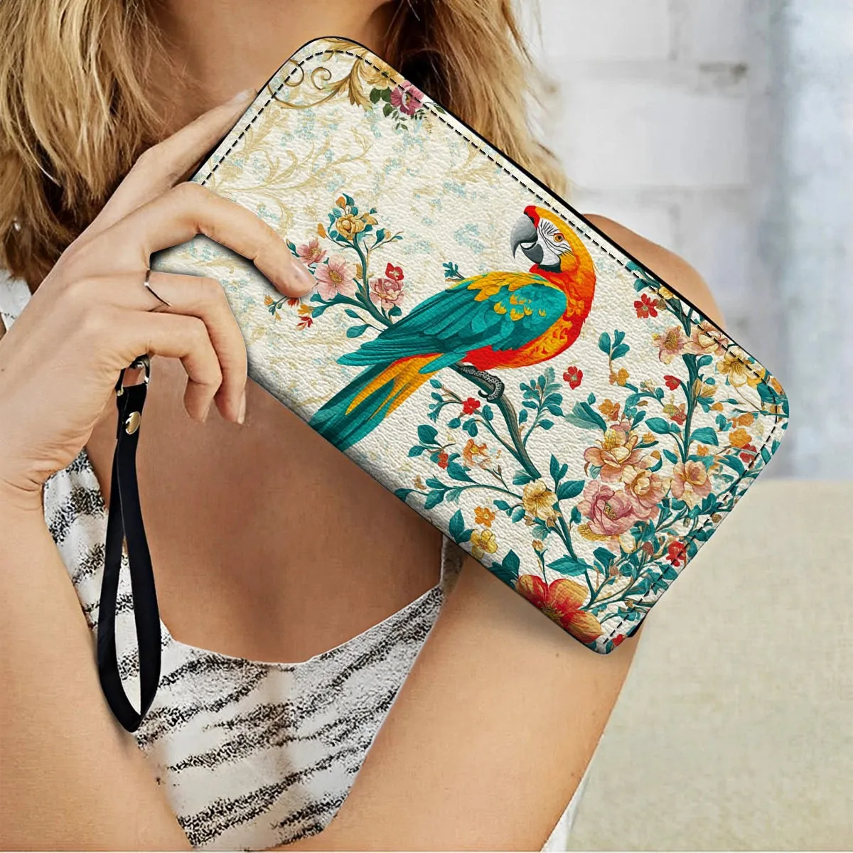 Shineful Leather Clutch Purse With Wristlet Strap Handle Macaw Enchantment