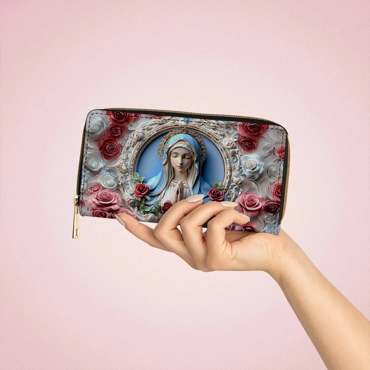 Shineful Leather Clutch Purse With Wristlet Strap Handle Sacred Heart Virgin Mary