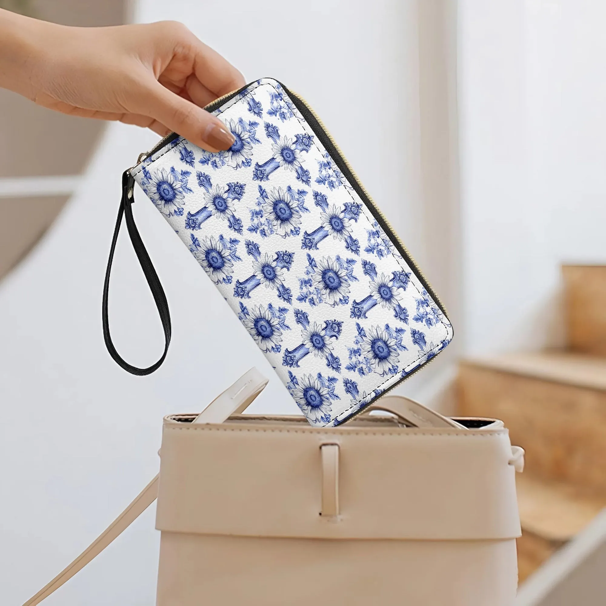Shineful Leather Clutch Purse With Wristlet Strap Handle Sunflower Blooming With Grace