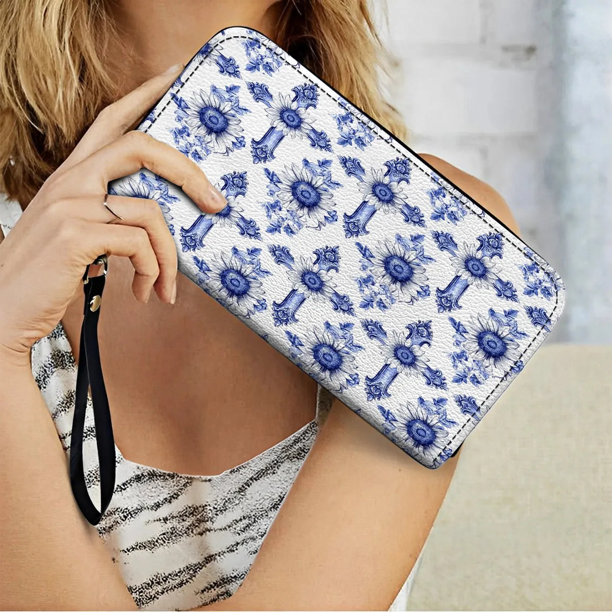 Shineful Leather Clutch Purse With Wristlet Strap Handle Sunflower Blooming With Grace