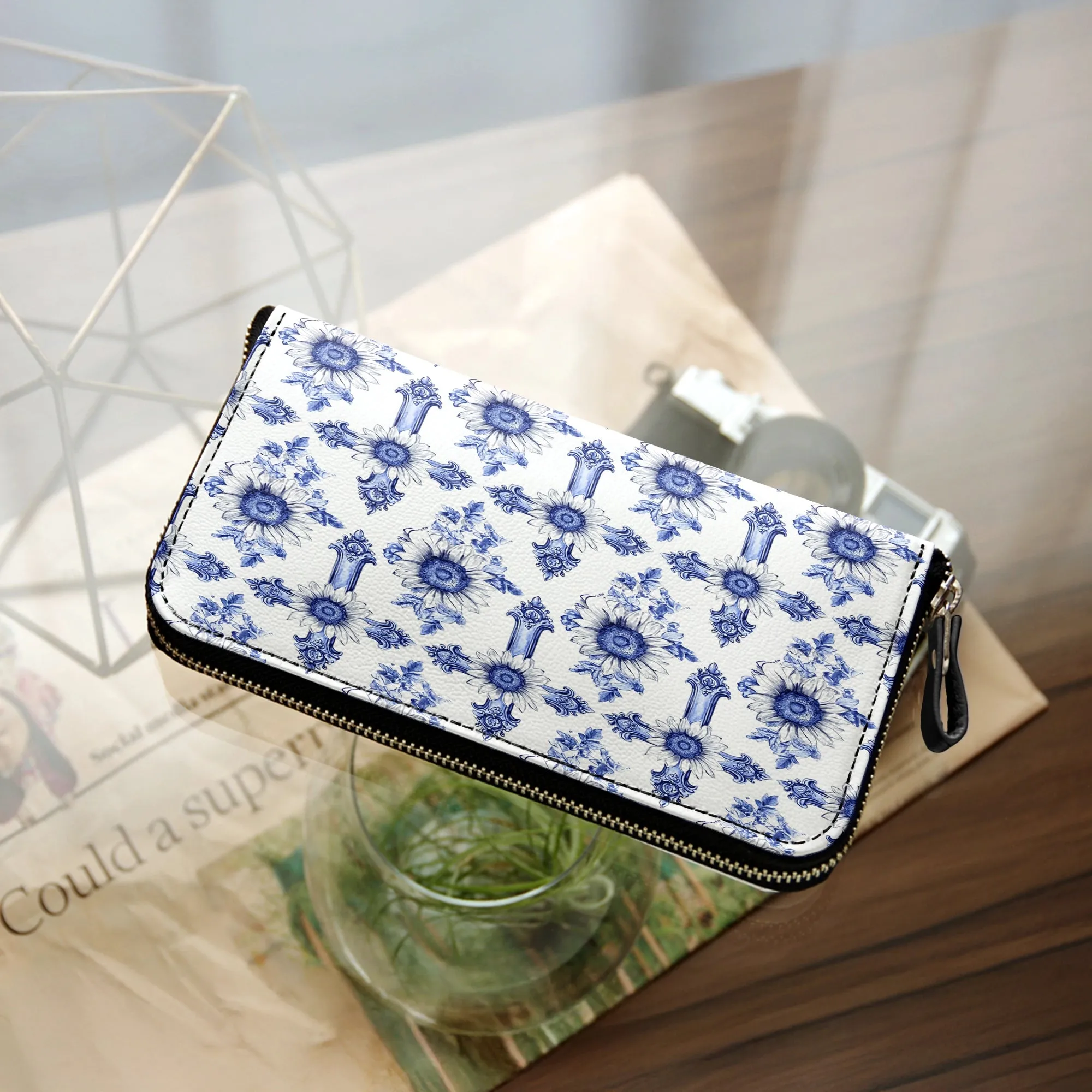 Shineful Leather Clutch Purse With Wristlet Strap Handle Sunflower Blooming With Grace