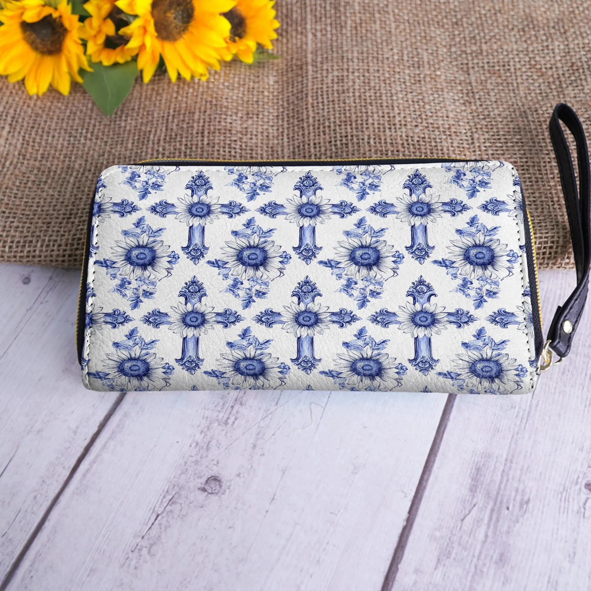Shineful Leather Clutch Purse With Wristlet Strap Handle Sunflower Blooming With Grace