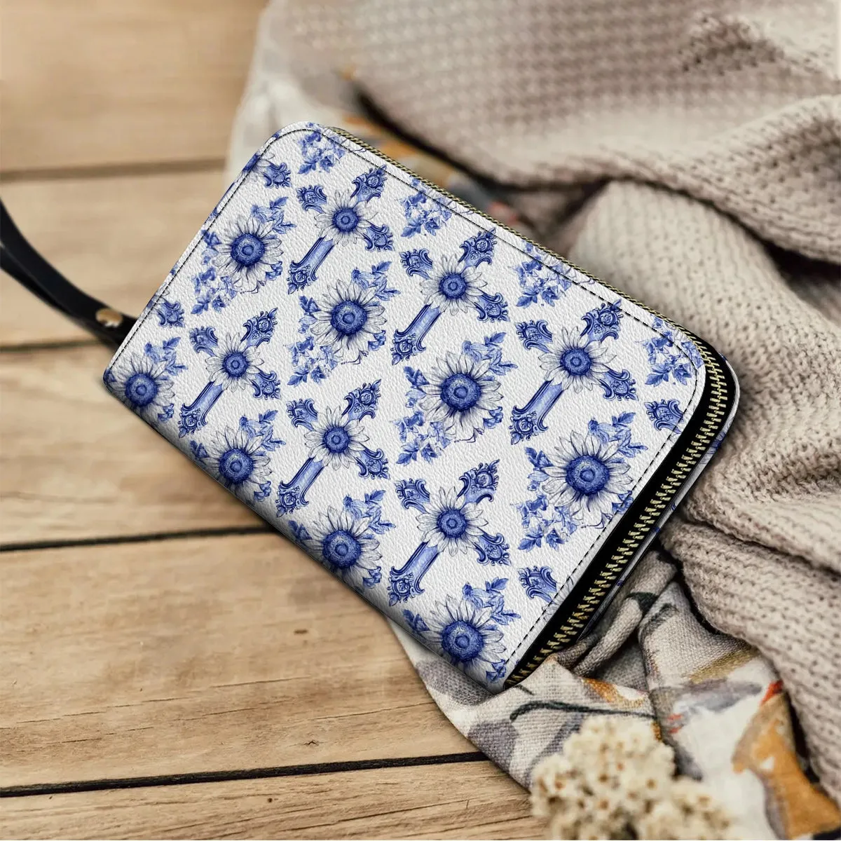 Shineful Leather Clutch Purse With Wristlet Strap Handle Sunflower Blooming With Grace