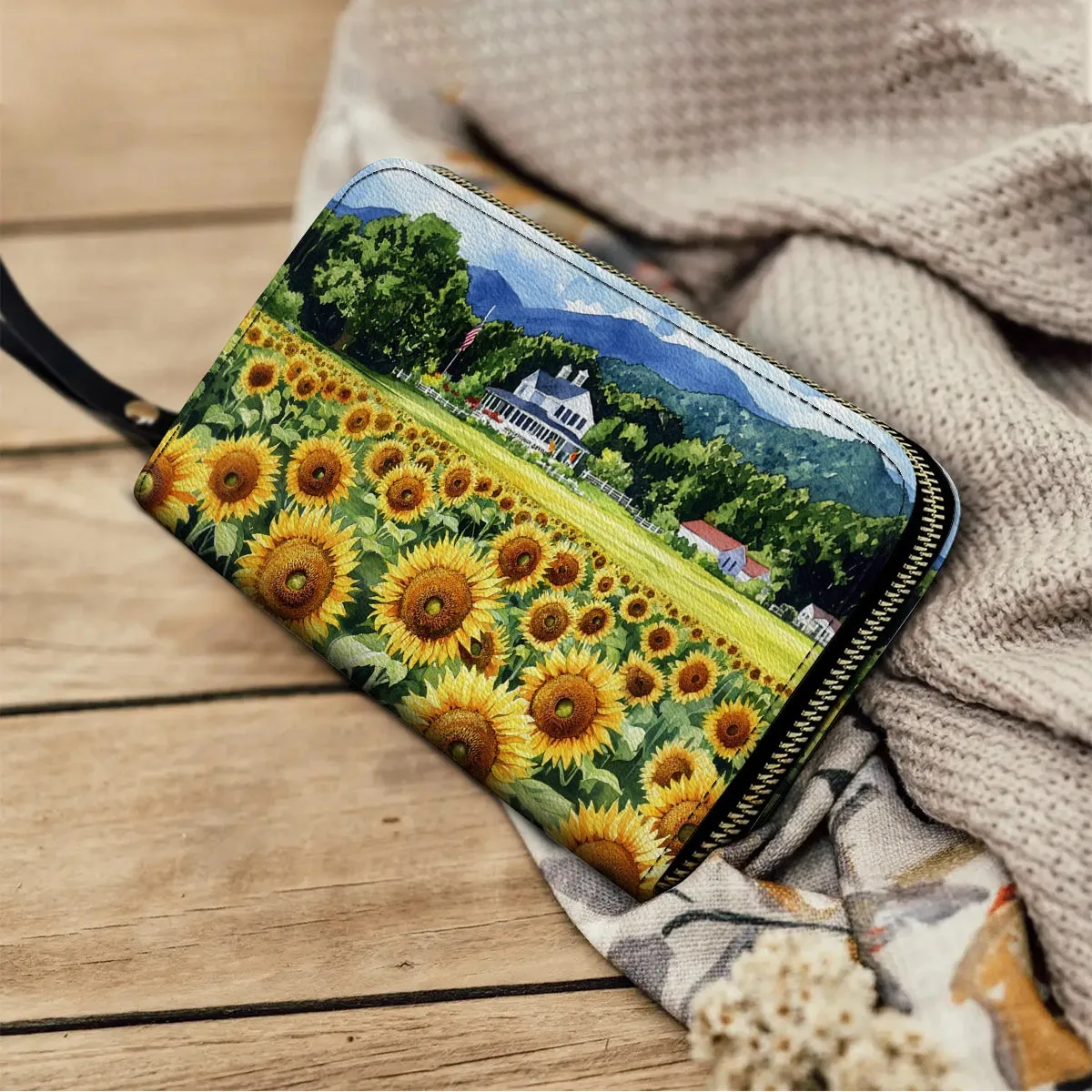 Shineful Leather Clutch Purse With Wristlet Strap Handle Sunflower Farmhouse Glory