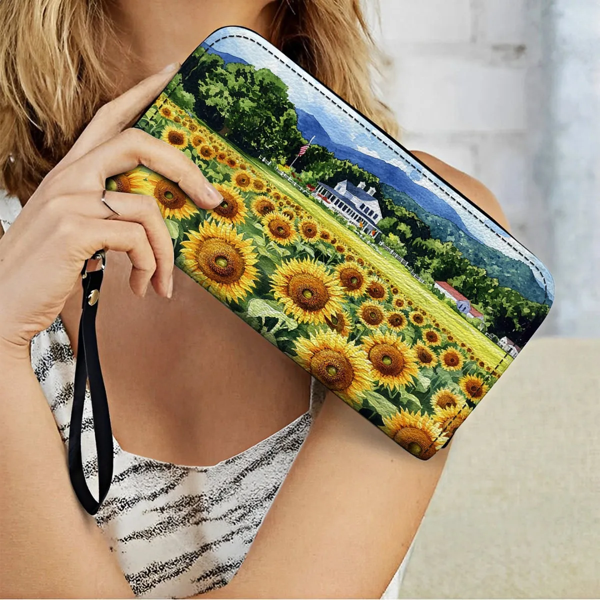 Shineful Leather Clutch Purse With Wristlet Strap Handle Sunflower Farmhouse Glory
