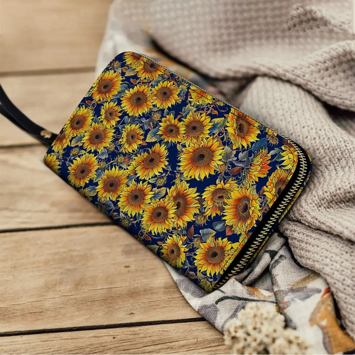 Shineful Leather Clutch Purse With Wristlet Strap Handle Sunflower Gorgeous Flower