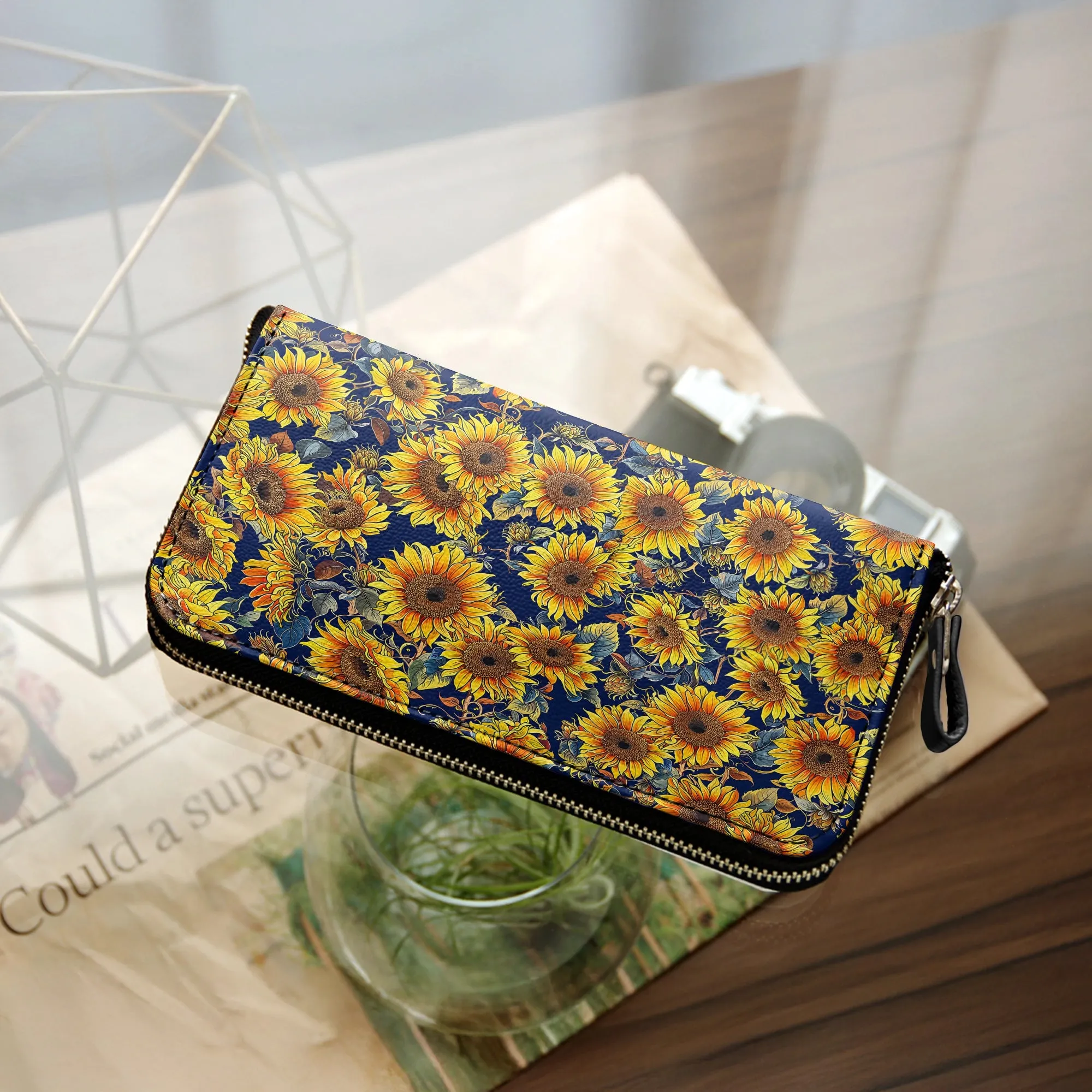 Shineful Leather Clutch Purse With Wristlet Strap Handle Sunflower Gorgeous Flower