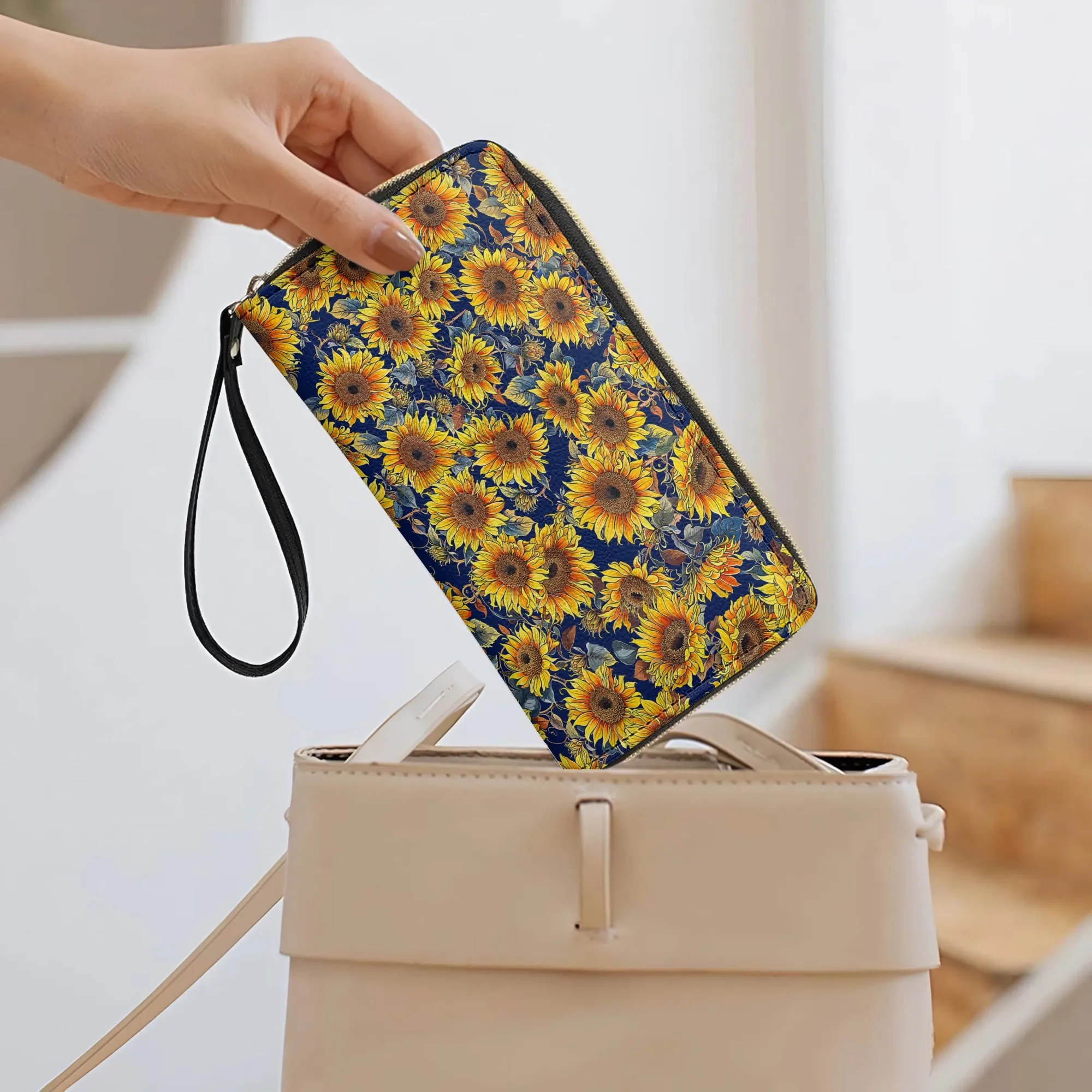 Shineful Leather Clutch Purse With Wristlet Strap Handle Sunflower Gorgeous Flower