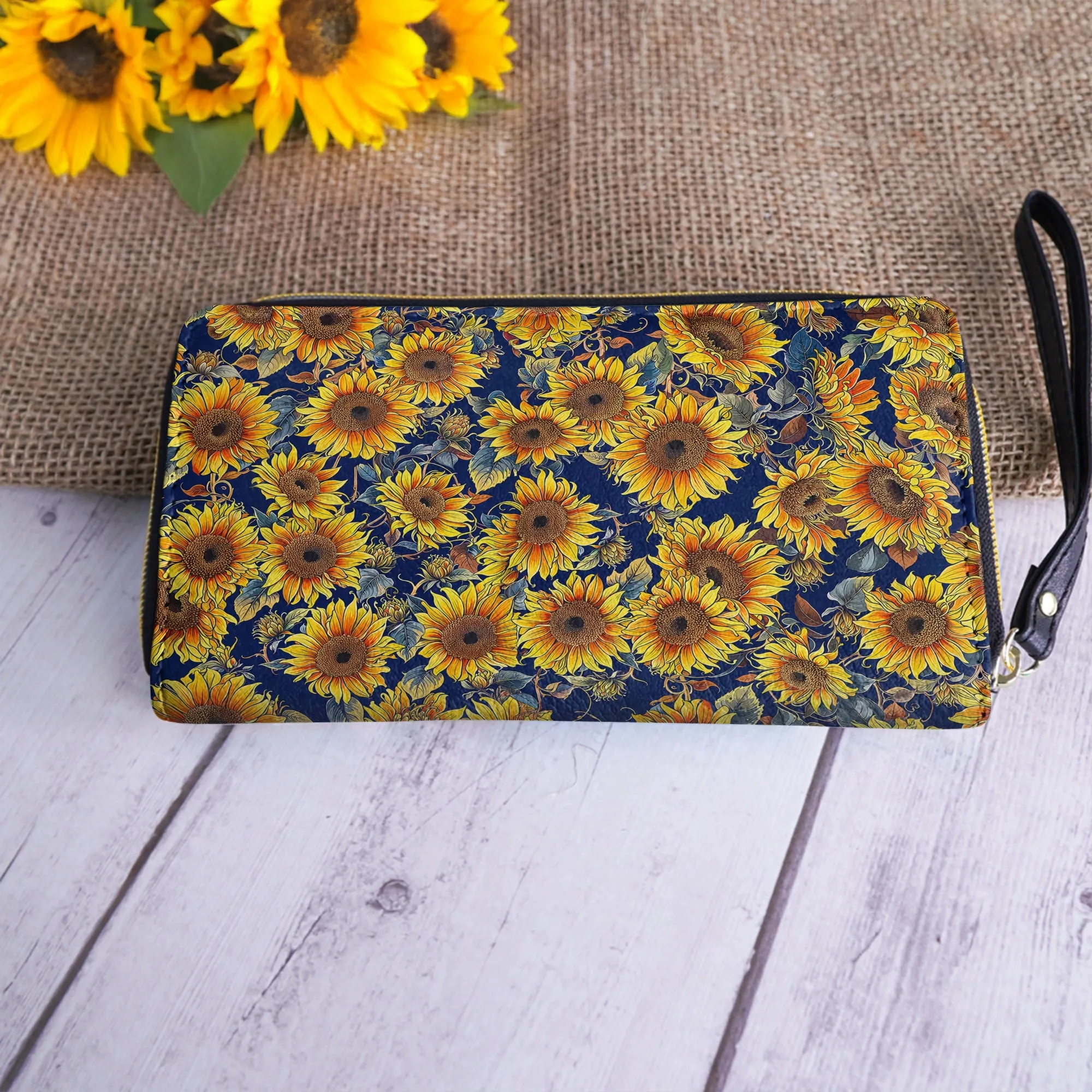 Shineful Leather Clutch Purse With Wristlet Strap Handle Sunflower Gorgeous Flower