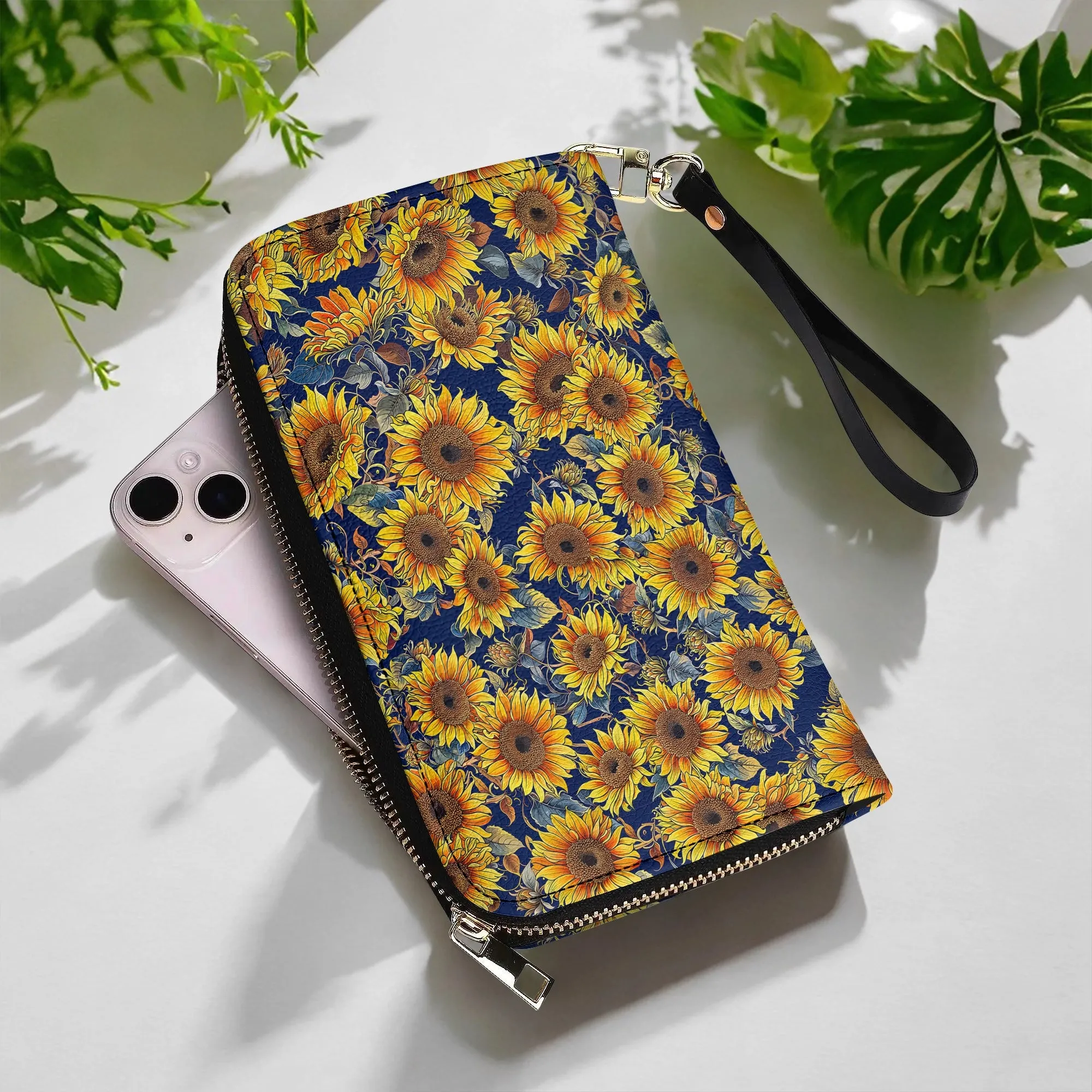 Shineful Leather Clutch Purse With Wristlet Strap Handle Sunflower Gorgeous Flower