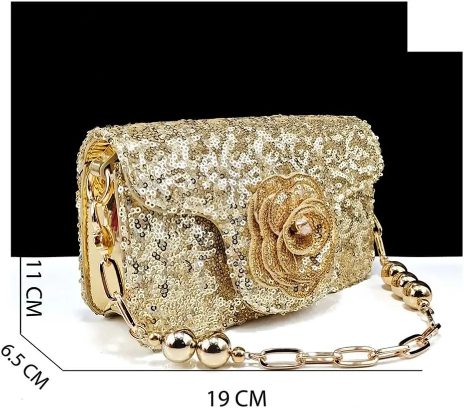Shiny Gold Color Shoes and Bag Handbags and Medium Heel Shoes Beautiful Handmade Flowers for Wedding Party