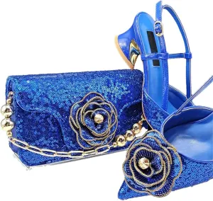 Shiny Gold Color Shoes and Bag Handbags and Medium Heel Shoes Beautiful Handmade Flowers for Wedding Party