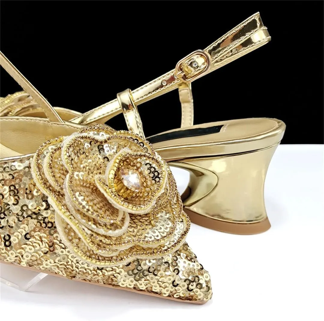 Shiny Gold Color Shoes and Bag Handbags and Medium Heel Shoes Beautiful Handmade Flowers for Wedding Party