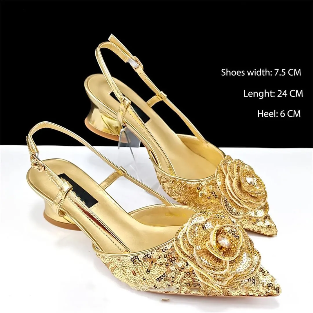 Shiny Gold Color Shoes and Bag Handbags and Medium Heel Shoes Beautiful Handmade Flowers for Wedding Party