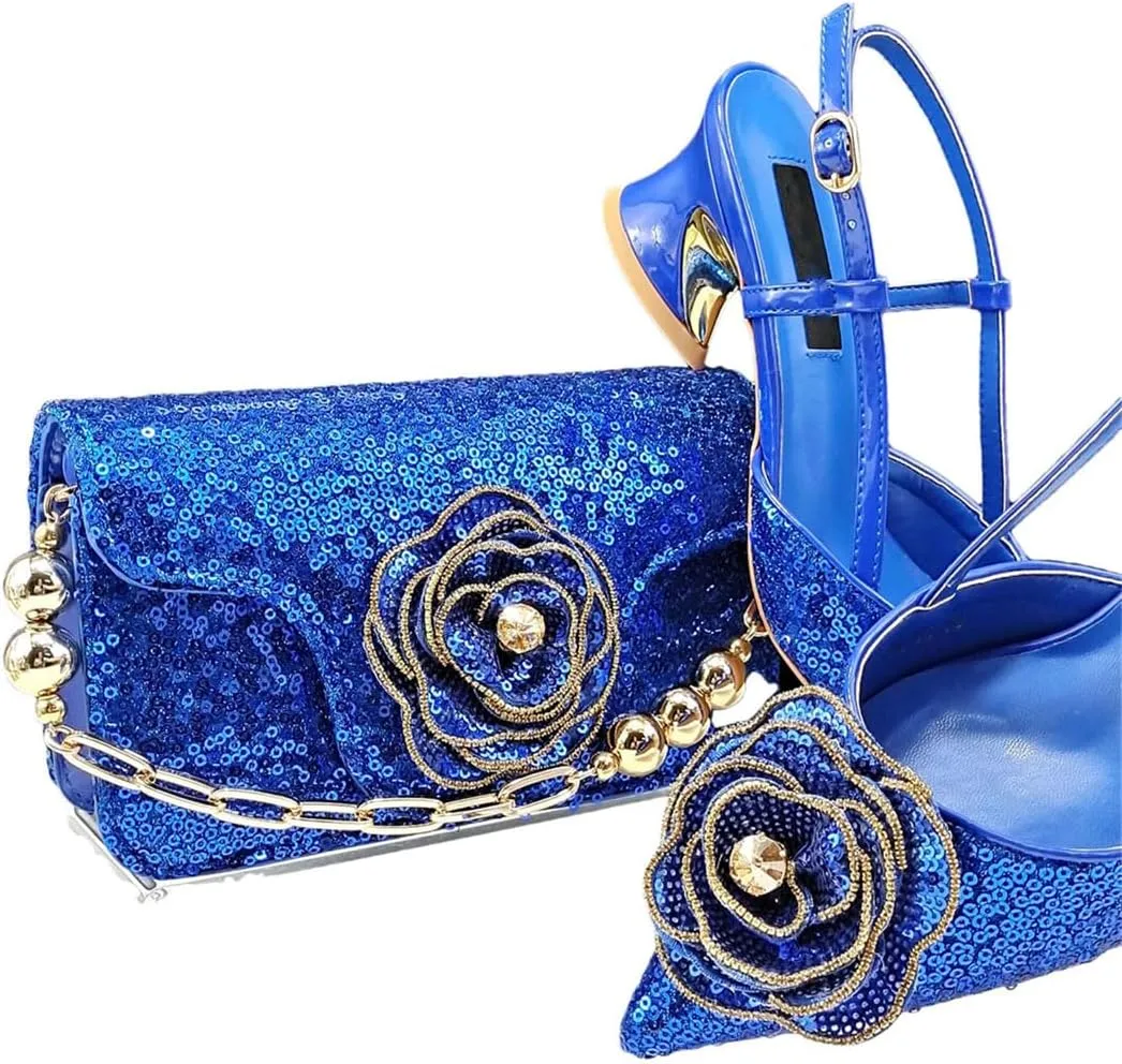 Shiny Gold Color Shoes and Bag Handbags and Medium Heel Shoes Beautiful Handmade Flowers for Wedding Party