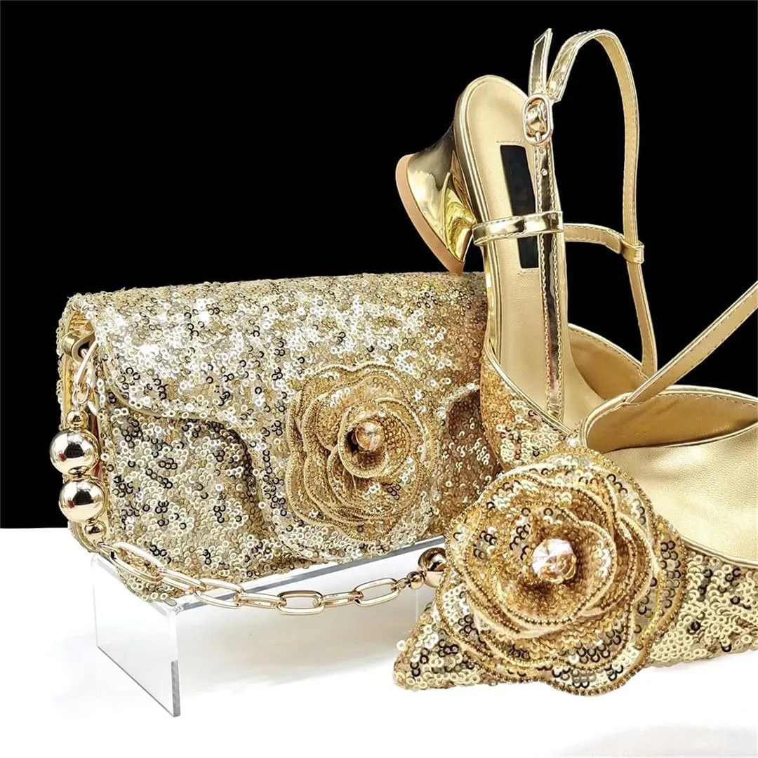 Shiny Gold Color Shoes and Bag Handbags and Medium Heel Shoes Beautiful Handmade Flowers for Wedding Party