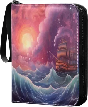 Ship Painting Card Binder with 50 Removable Page Sleeves PU Leather Collectible Trading Card Albums Book with Zipper for Games Card,Baseball Cards