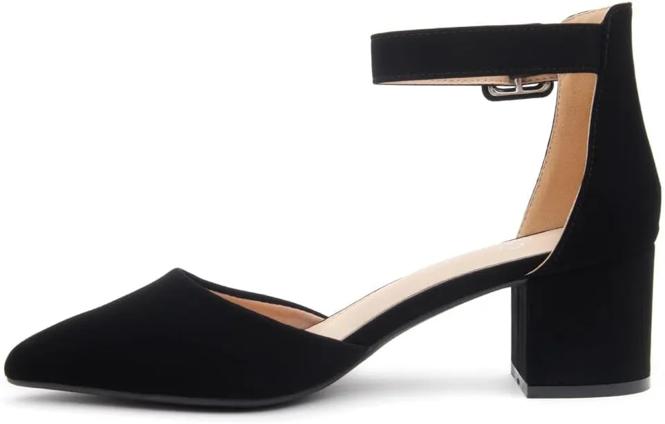 Shoe Land Women's Closed Toe Heels, Comfortable Low Block 2.25 Inch Heel Pumps for Work Office & Business Casual, Pointed Toe Dress Shoes with Adjustable Ankle Straps