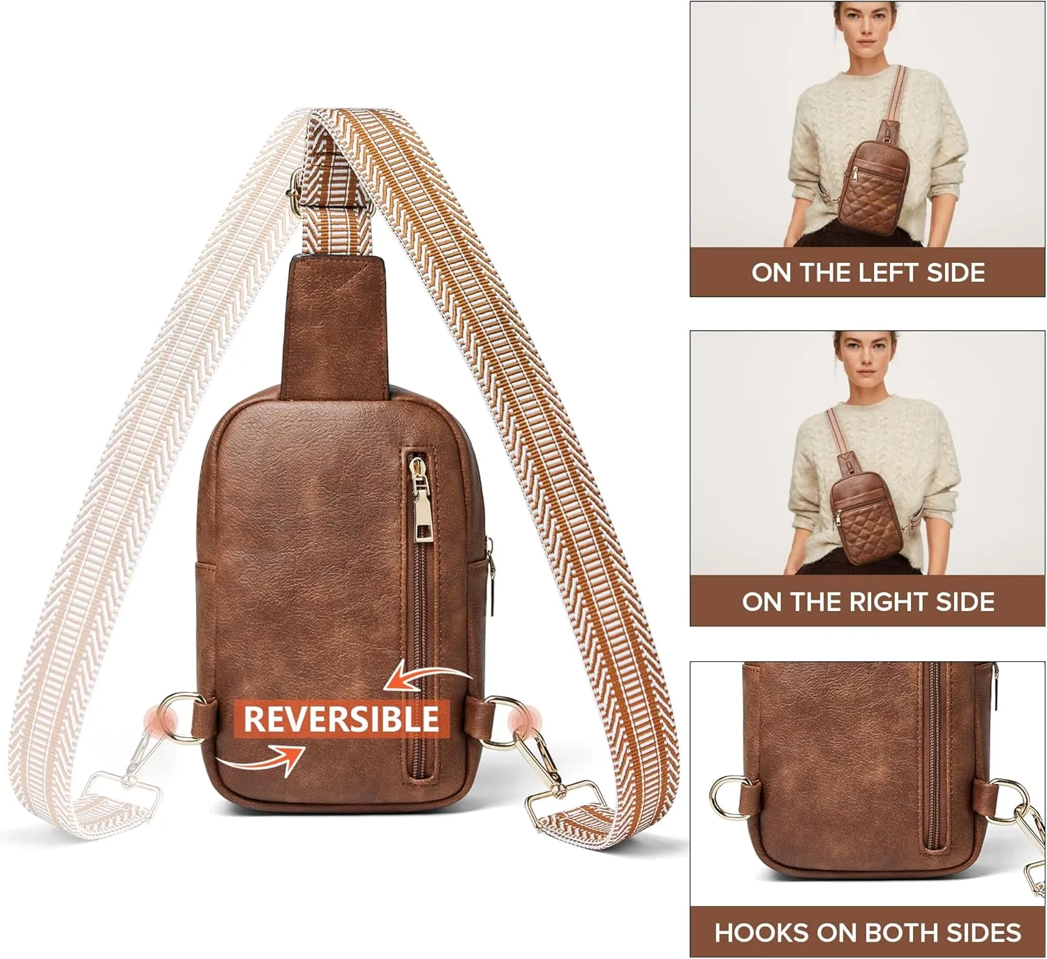 Shrrie Small Sling Bag for Women Quilted Cross Body Purse for Women Leather Crossbody Bags Fanny Pack Sling Purse with Adjustable Guitar Strap
